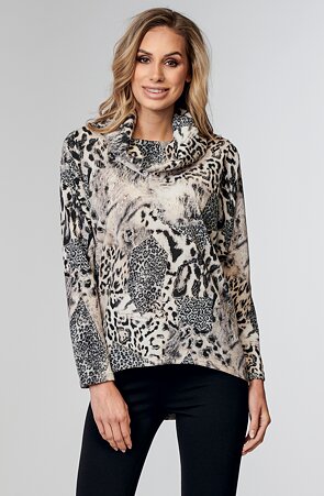 Kimonová béžovo šedá dámská halenka s dlouhými rukávy a rolákem 7746