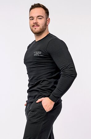 Černé bavlněné pánské tričko s dlouhým rukávem a potiskem 462