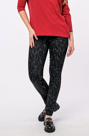 Elegantní úzké černé dlouhé dámské kalhoty se šedým vzorem 347