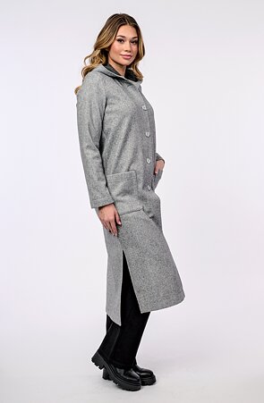 Dlouhý šedý dámský kabát s kapucí 7623