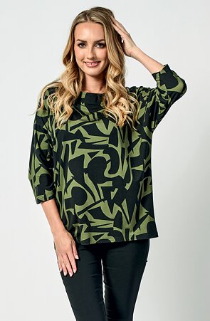 Delší kimonová černo khaki dámská halenka s kulatým výstřihem a 3/4 rukávem 7774