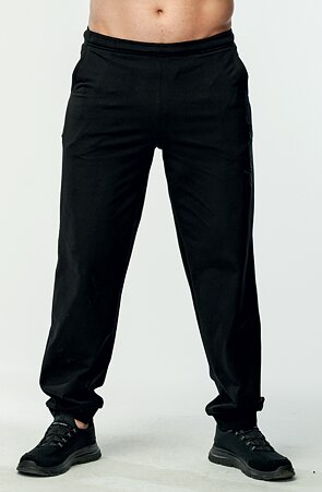 Užší bavlněné černé pánské kalhoty s kapsami a potiskem 432