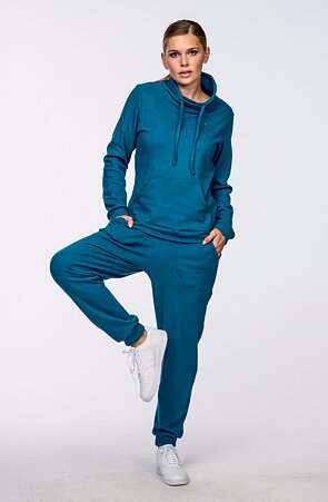 Fleecové modré dámské kalhoty s hlubším sedem a kapsami 340