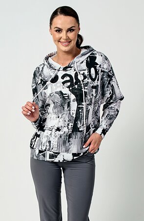Volnější černobílá dámská mikina s kapucí 614