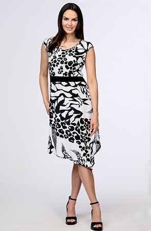 Černobílé dámské šaty se spadenými ramínky 7121