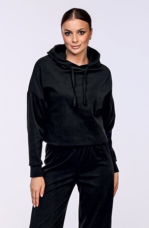 Fleecová černá krátká dámská mikina s kapucí a kapsami 651
