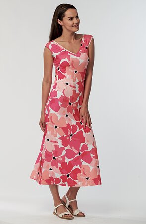 Dlouhé volnější růžovobílé dámské šaty 7181