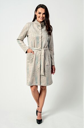 Delší béžovo petrolejový dámský kabát s kapsami a páskem 7644