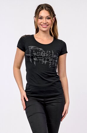 Bavlněné černé dámské tričko s krátkým rukávem a potiskem 14