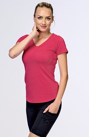 Sportovní třpytivé červené dámské tričko s raglánovými rukávy 33