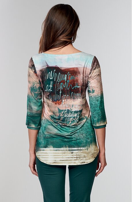 Delší zelenomodrá dámská halenka s 3/4 rukávy 7702