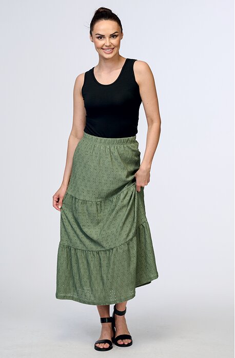 Dlouhá khaki madeirová dámská sukně s volány 150