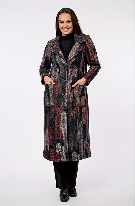 Dlouhý černočervený kabát s fazonou a kapsami 7672