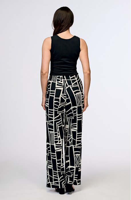 Dlouhé široké černo béžové dámské kalhoty s kapsami 837