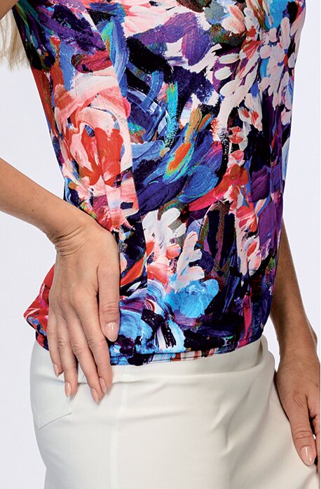 Volnější modro růžová dámská halenka s výstřihem do V a délkou do gumičky 7737