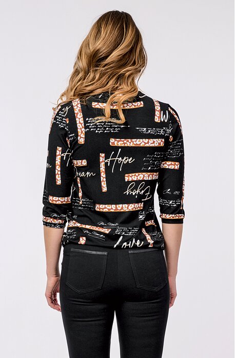 Schwarze Damenbluse mit bunten Aufschriften und Knöpfen 806