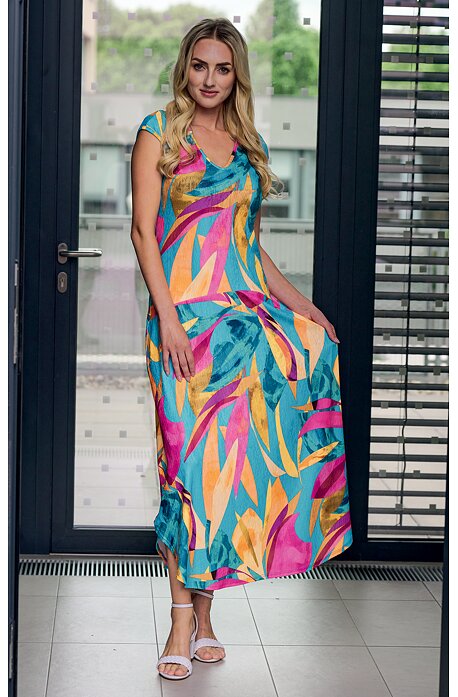 Dlouhé volné tyrkysové dámské šaty 7202