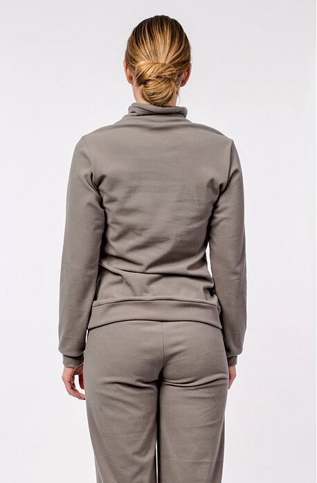 Fleecová šedohnědá dámská mikina se stojatým límcem a kapsami 696