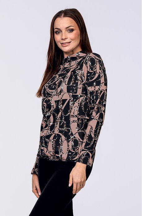 Volnější béžovo černá dámská halenka se stojáčkem a dlouhými rukávy 7756