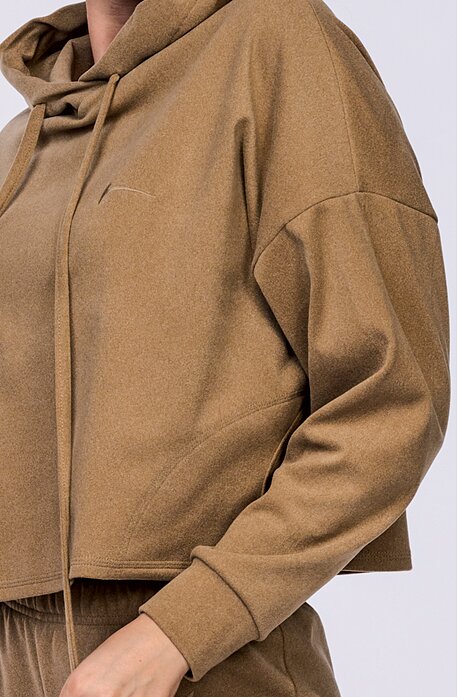 Fleecová velbloudí krátká dámská mikina s kapucí a kapsami 651