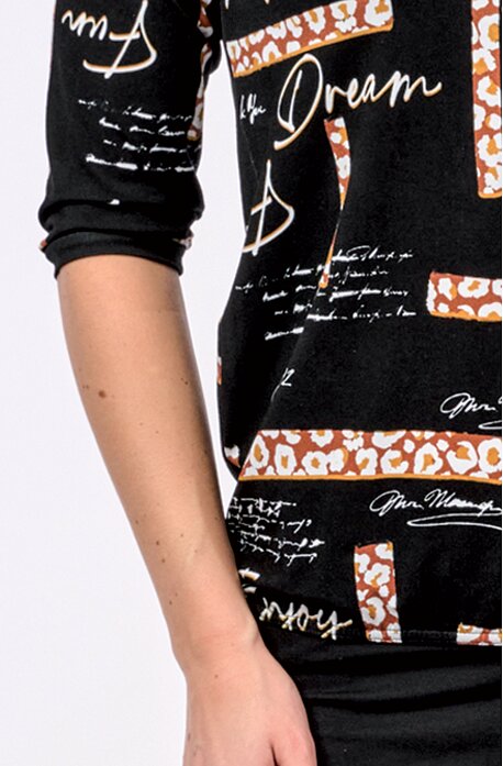 Schwarze Damenbluse mit bunten Aufschriften und Knöpfen 806