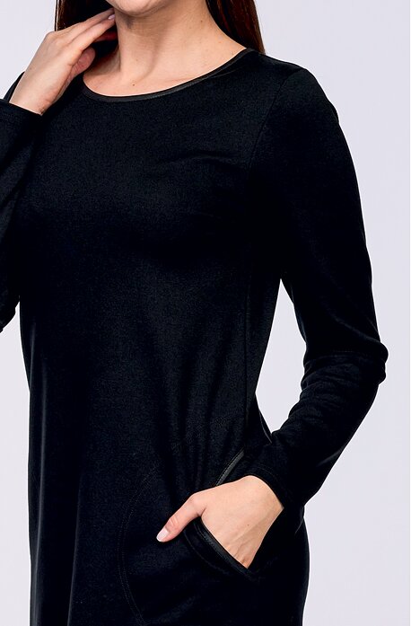 Dlouhé černé dámské šaty s kapsami a dlouhými rukávy 7078