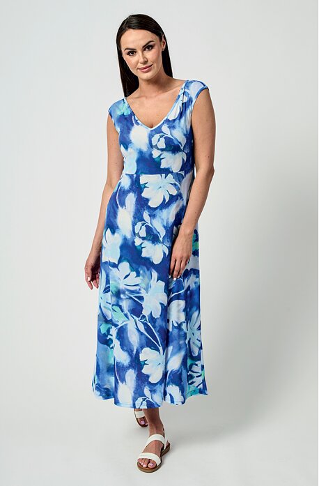 Delší modrobílé dámské šaty 7273