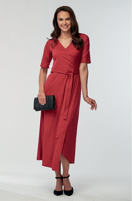 Třpytivé červené dámské šaty s přeložením a delšími rukávy 7184