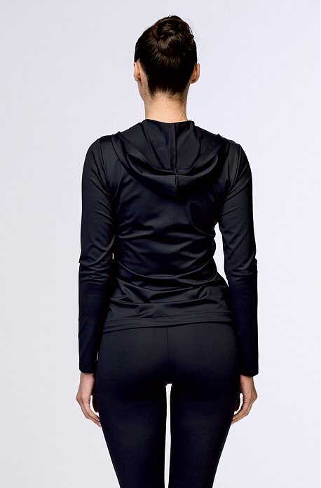 Funkční černá dámská mikina na zip s kapucí, kapsami a potiskem 679 lom