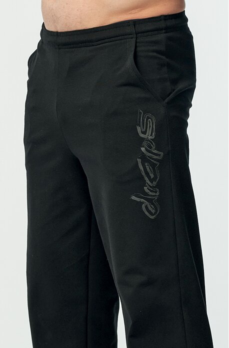 Užší bavlněné černé pánské kalhoty s kapsami a potiskem 432