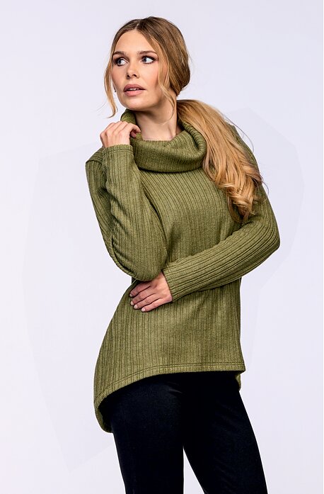 Kimonová khaki dámská halenka s dlouhými rukávy a rolákem 7746