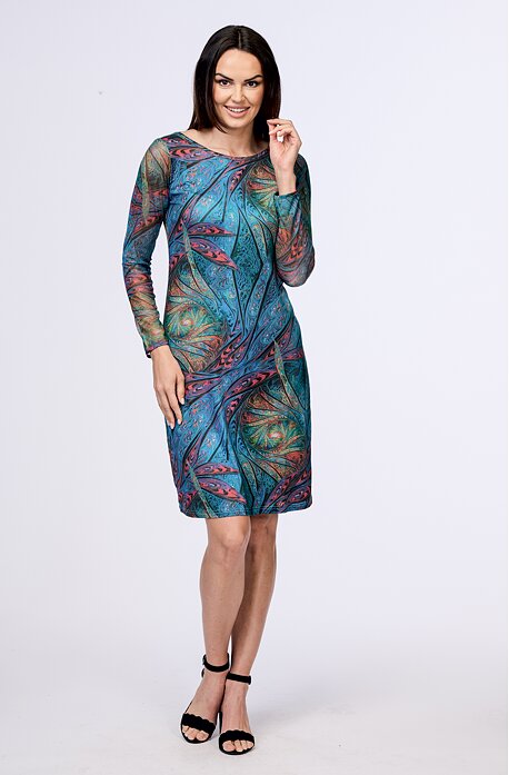 Elegantní tyrkysové  dámské šaty s dlouhými rukávy 7010