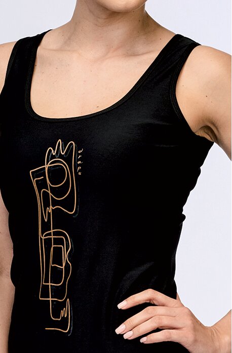 Kratší bavlněné černé šaty na ramínka s potiskem 7140