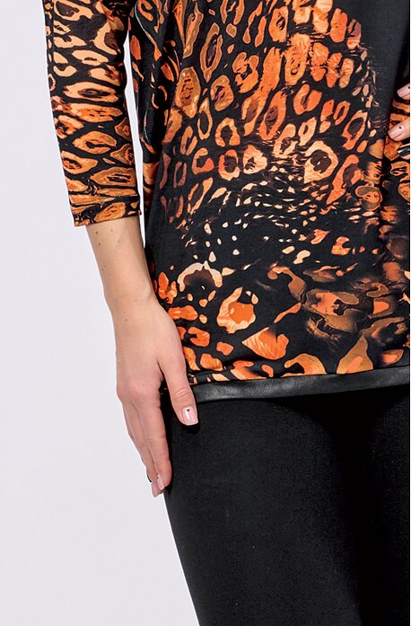 Kimonová černooranžová dámská halenka s dlouhými rukávy 7861