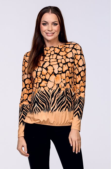 Volnější černo oranžová dámská halenka s dlouhými rukávy 7791