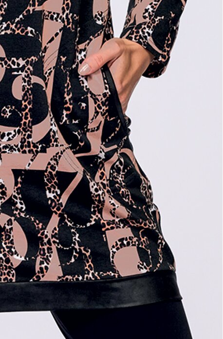 Béžovo černé dámské šaty se stojáčkem a dlouhými rukávy 7016