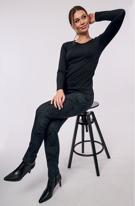 Elegantní úzké černošedé dlouhé dámské kalhoty s listy 347