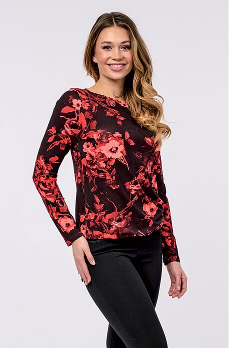 Volnější červenočerná dámská halenka s dlouhými rukávy 7791