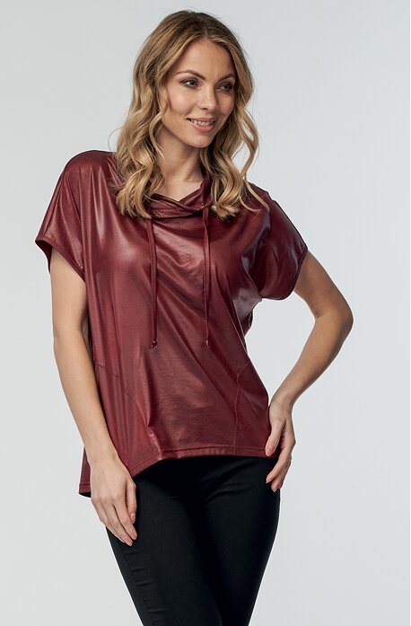 Volnější kimonová vínová dámská halenka s kapsami a stojáčkem 7724