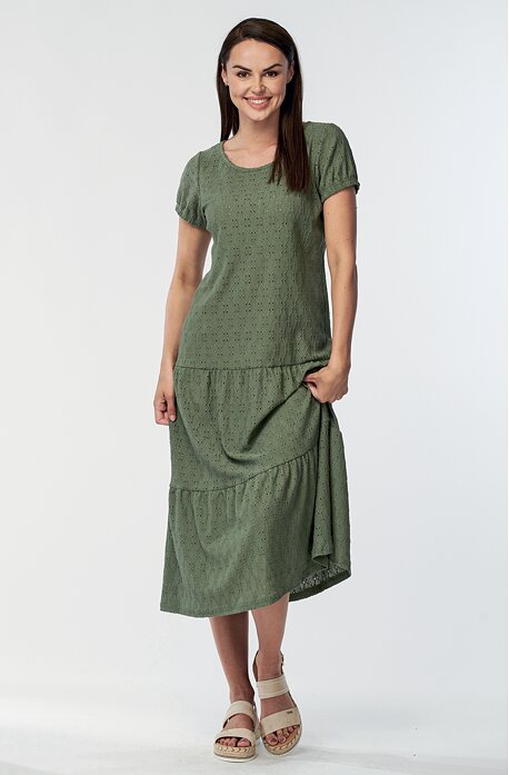 Delší volnější khaki madeirové dámské šaty s volány 7176