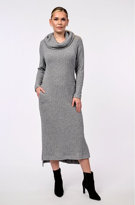 Delší šedé žebrované dámské šaty s rozparky 7284