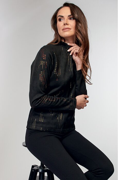 Černý dámský kabátek se zlatými dírkami a s kapsami 7693