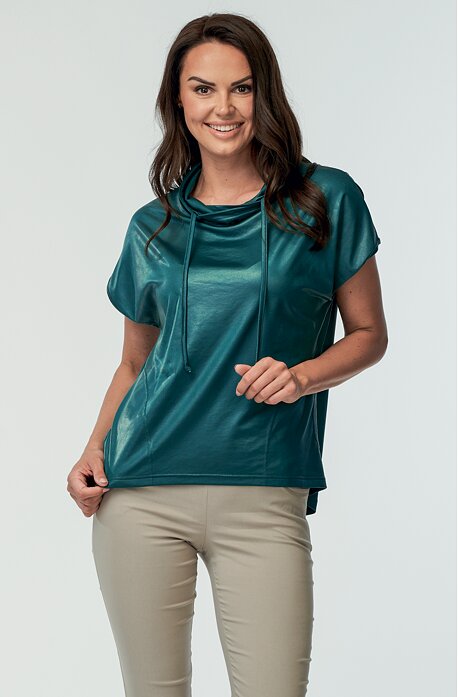 Volnější kimonová petrolejová dámská halenka s kapsami a stojáčkem 7724