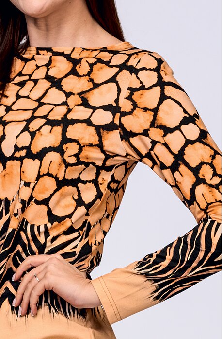 Volnější černo oranžová dámská halenka s dlouhými rukávy 7791