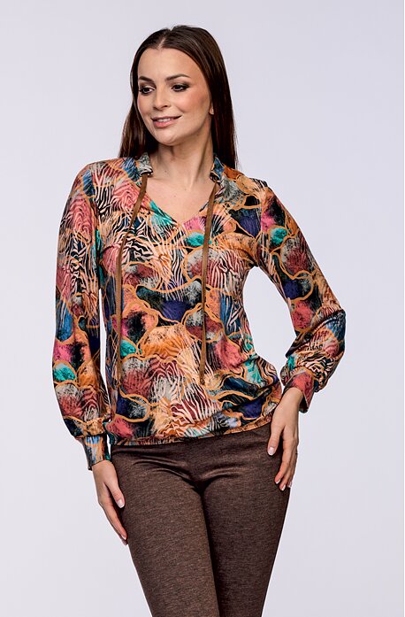 Elegantní barevná dámská halenka se stojáčkem a dlouhými rukávy 7723