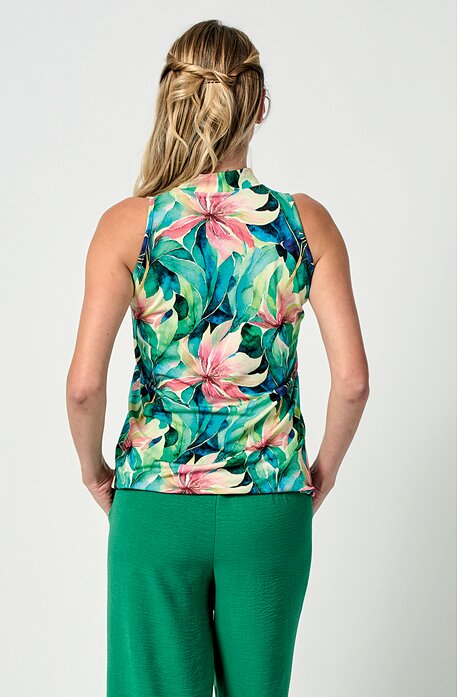 Volnější modro zelená květovaná dámská halenka bez rukávů 7853
