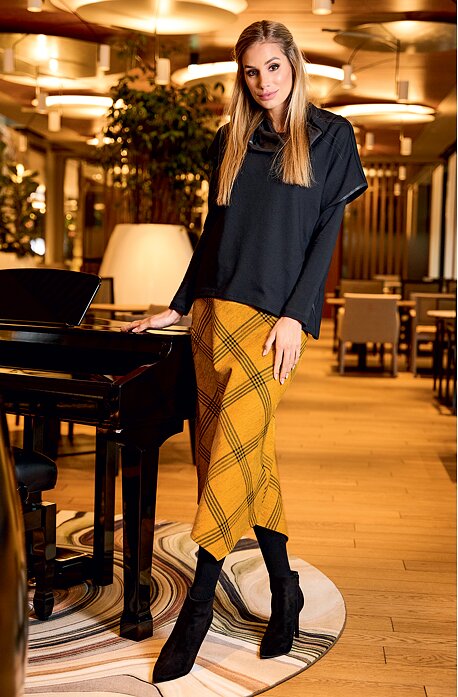 Úzká žlutá károvaná dámská sukně v midi délce 181