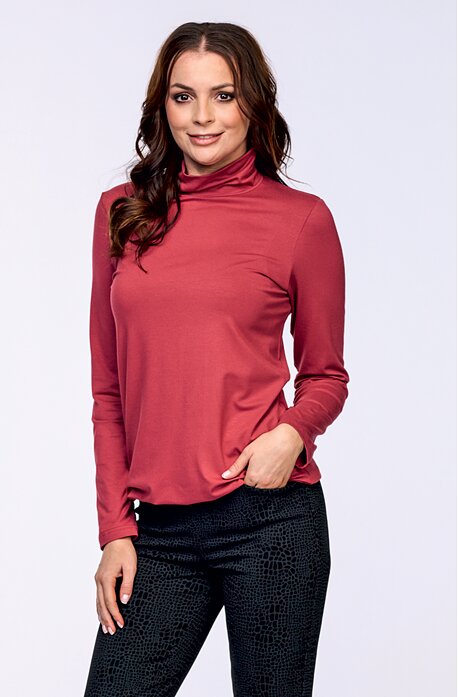 Volnější korálová dámská halenka s řaseným stojáčkem 7779