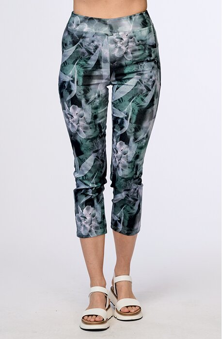 Elegantní zeleno šedé 3/4 dámské kalhoty bez kapes 873