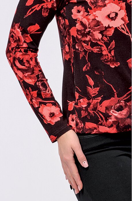 Volnější červenočerná dámská halenka s dlouhými rukávy 7791